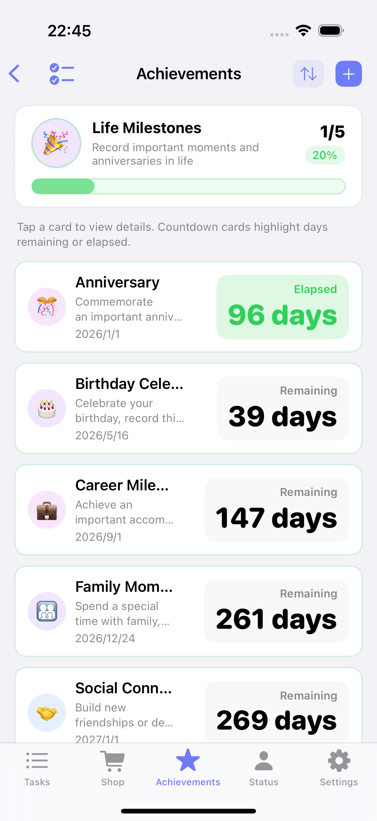 Achievement checklist countdown dates in ulives 1.7.0